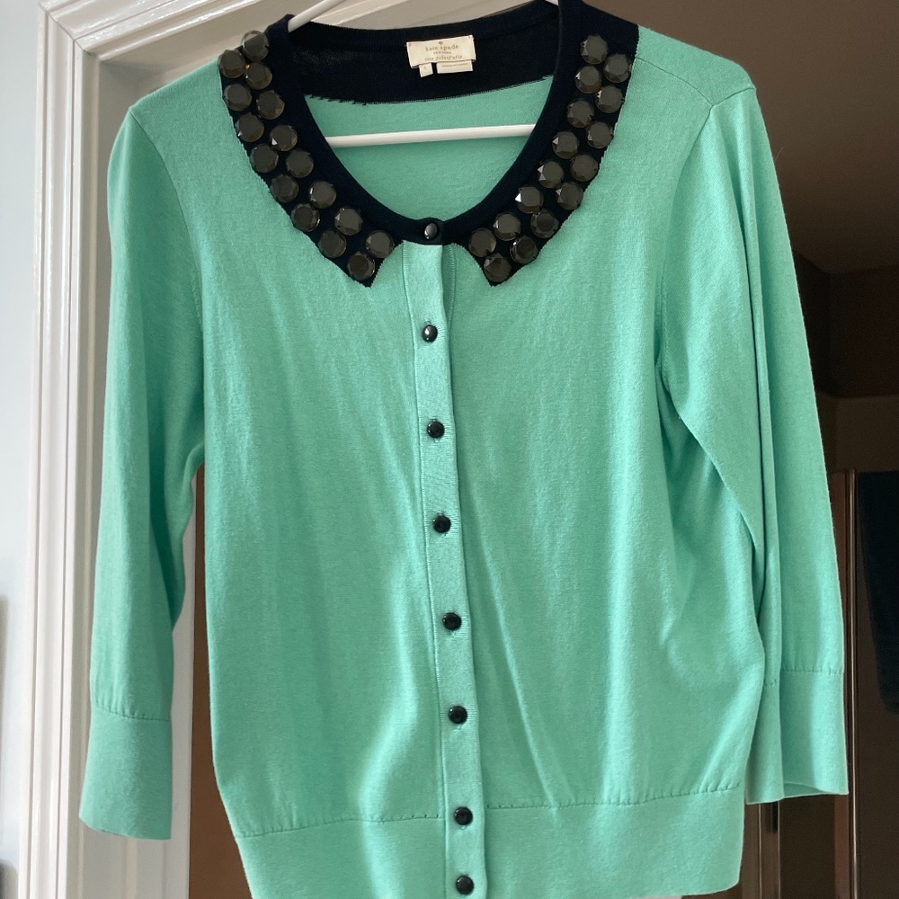 Kate Spade Teal Jeweled Neck Cardigan Size Large
